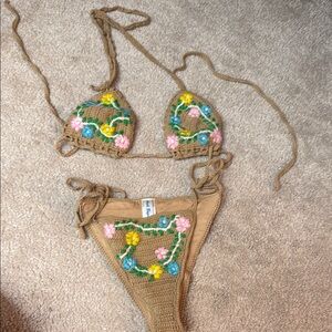 Floral Embroidered Crochet Bikini